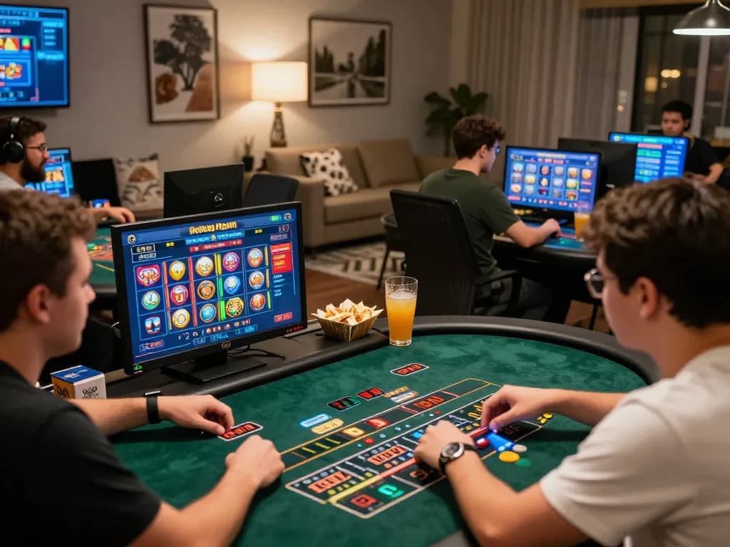 Engaged players enjoying dewa slot games on their screens in a cozy home setting