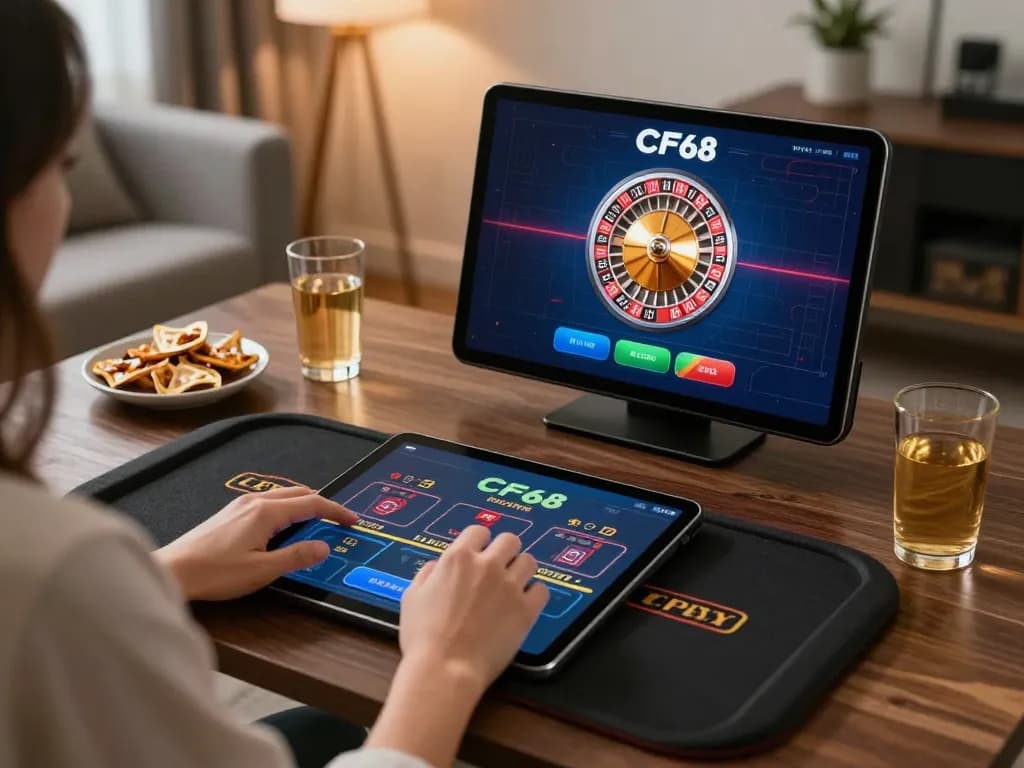 Player engaging in online casino gaming at CF68, showcasing tablet screen with roulette while enjoying home comforts.