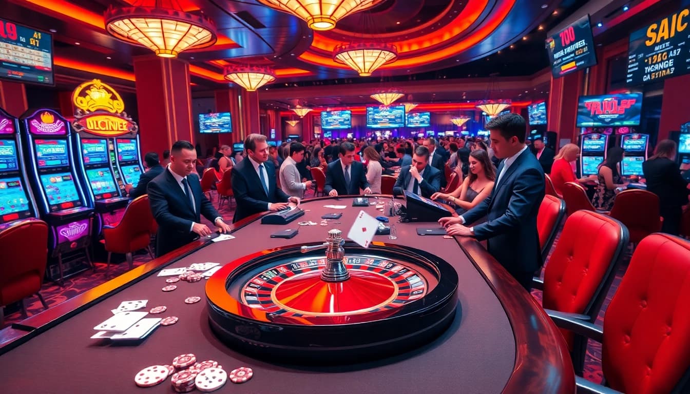 Professional gamblers placing bets at a Nhà cái uy tín live casino table with vibrant chips and cards