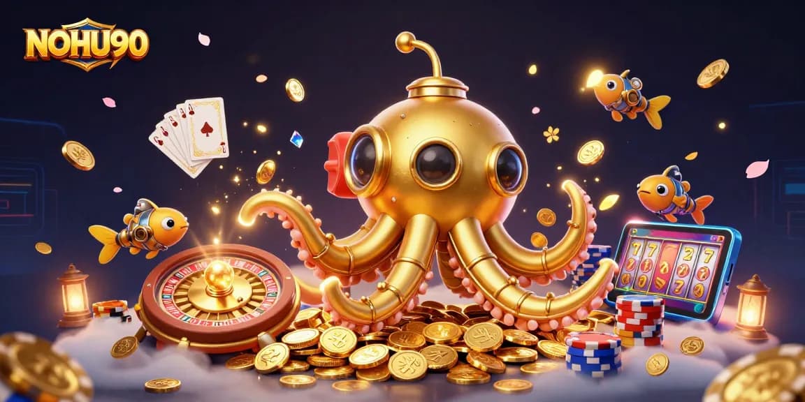 Spin and win with NOHU90's vibrant casino adventure featuring a golden kraken and exciting games.