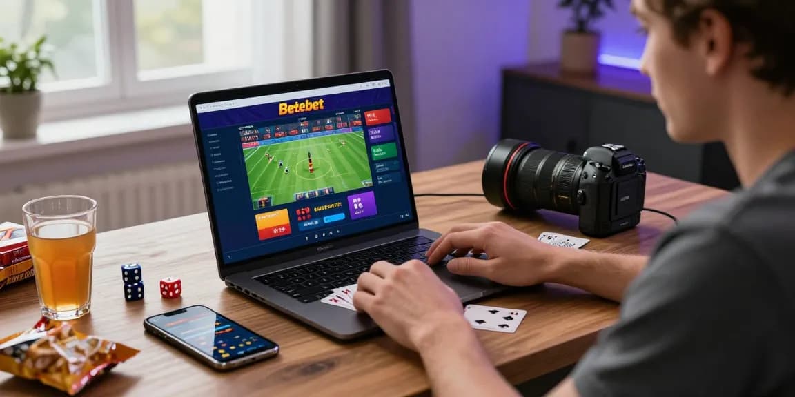 Betebet online gambling platform in a modern home office, showcasing live betting and gaming excitement.