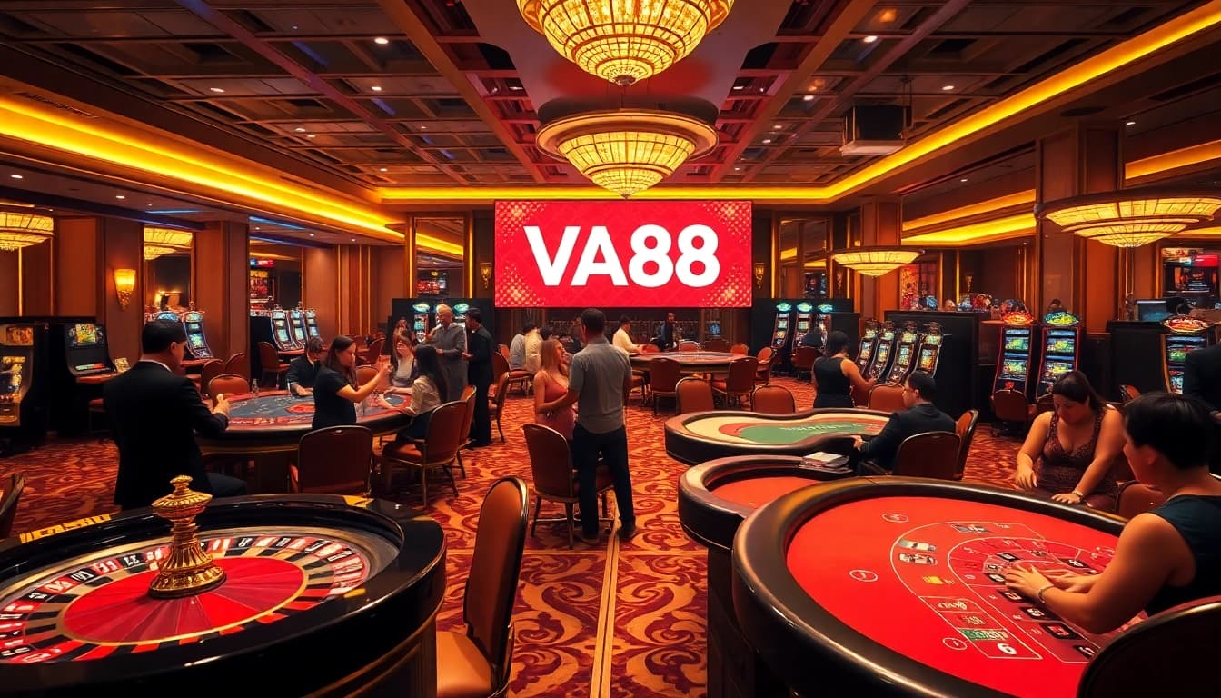 Players enjoying a dynamic casino atmosphere at VA88 with vibrant gambling tables and slot machines.