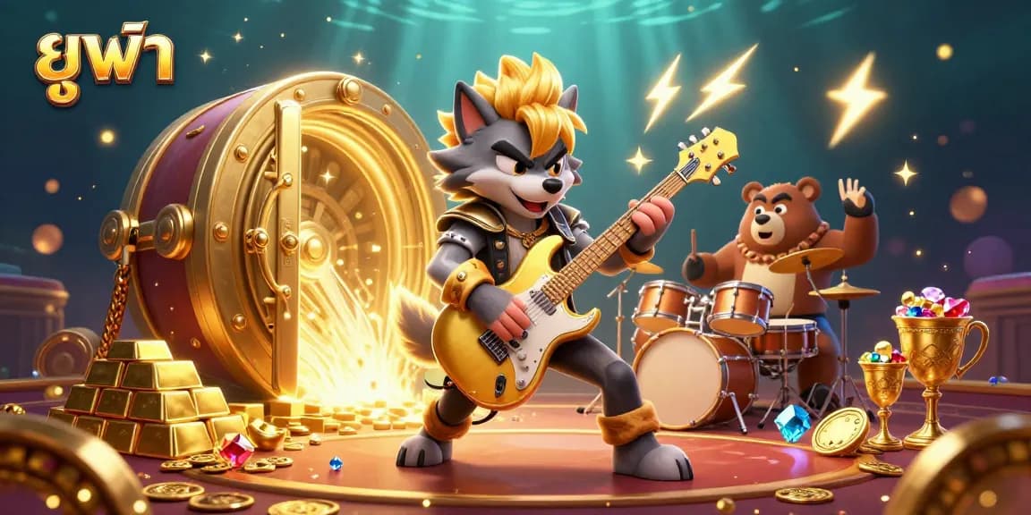 Engage with ยูฟ่า at an electrifying casino featuring a rocking wolf and a dynamic bear in rich, golden surroundings.