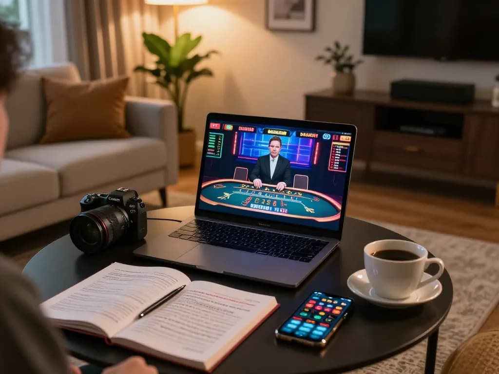 Engaging online gambling at home through https://tr88.baby/ showcasing live dealer action on a laptop screen.