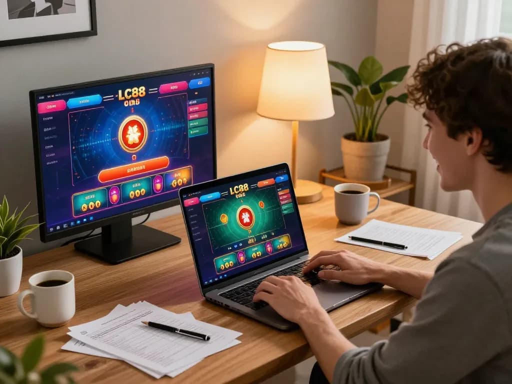 Players engaging with LC88 online casino games from a cozy home setup, focusing on strategy.