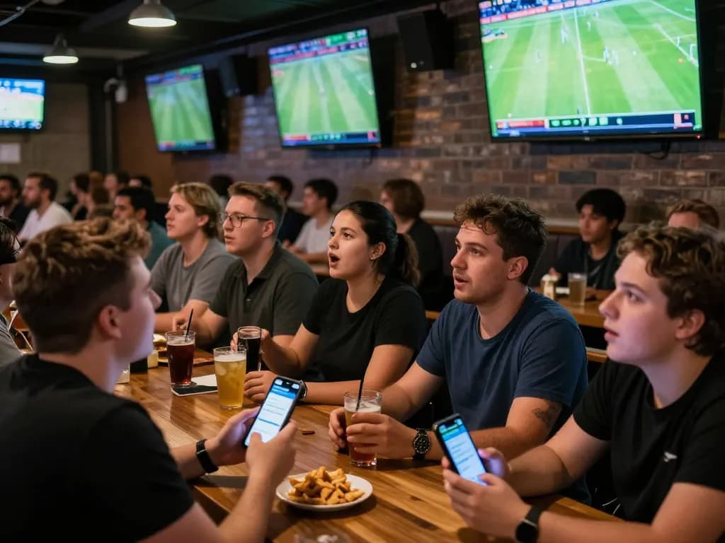 Patrons engaging in live soccer betting using Cakhiatv app in a lively sports bar.