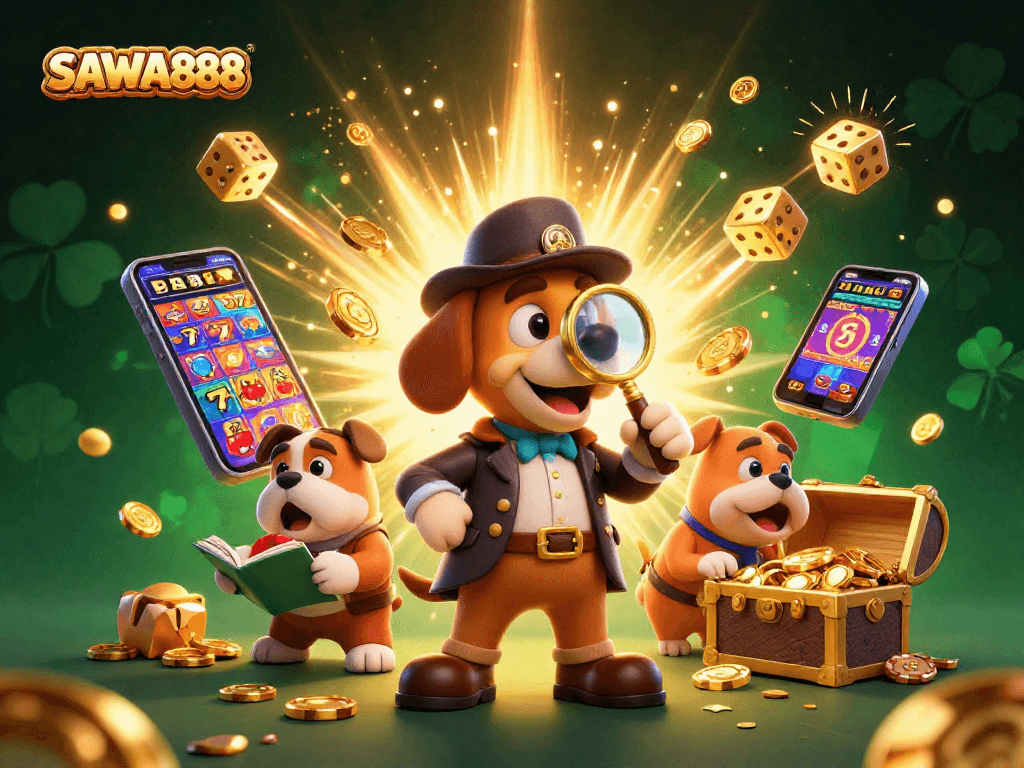 Join the excitement at SAWA888 with detectives discovering golden poker chips and jackpot symbols!
