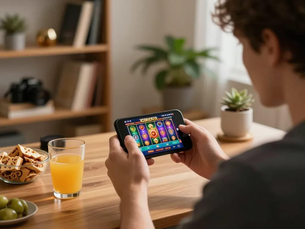 IDC88JOKER player enjoying mobile gaming experience with vibrant slot game on smartphone.
