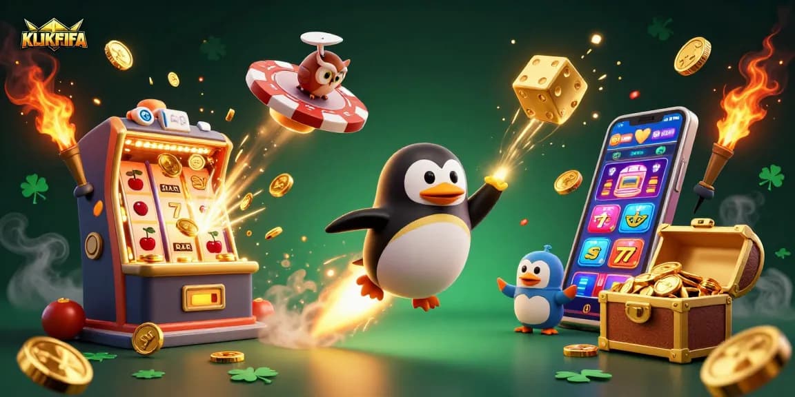 KLIKFIFA showcases a dynamic cartoon scene with a golden penguin and lively casino elements, celebrating online sports betting.