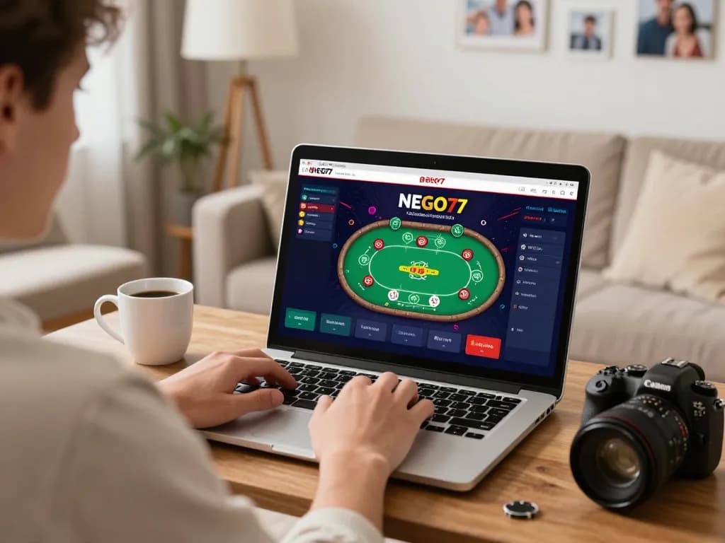 Player enjoying NEGO77 online gaming on a laptop in a cozy living room.
