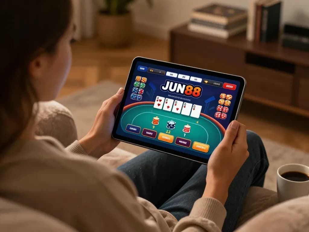 Engaging scene of a player using Jun88 online poker app in a cozy living room setting.