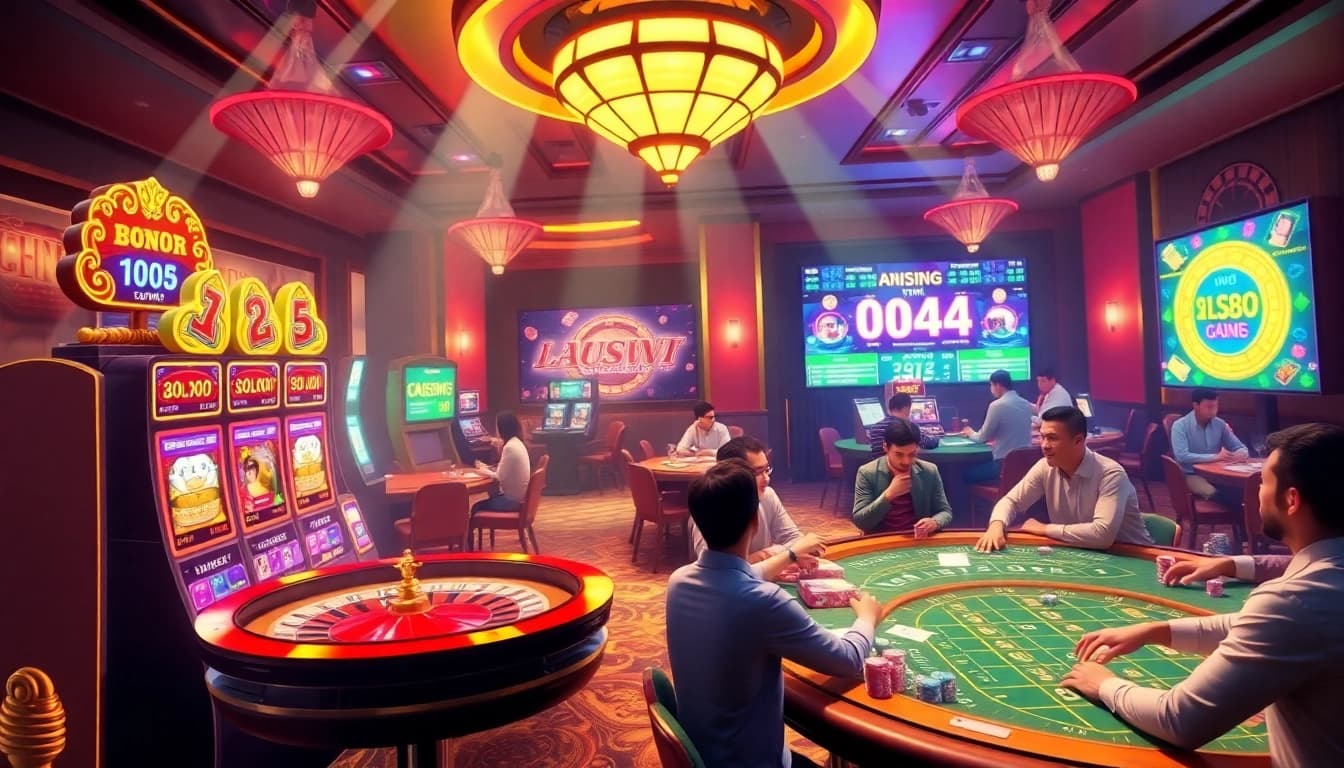 Engaging online gambling scene at https://jun88site.com/ featuring lively players and classic casino elements.