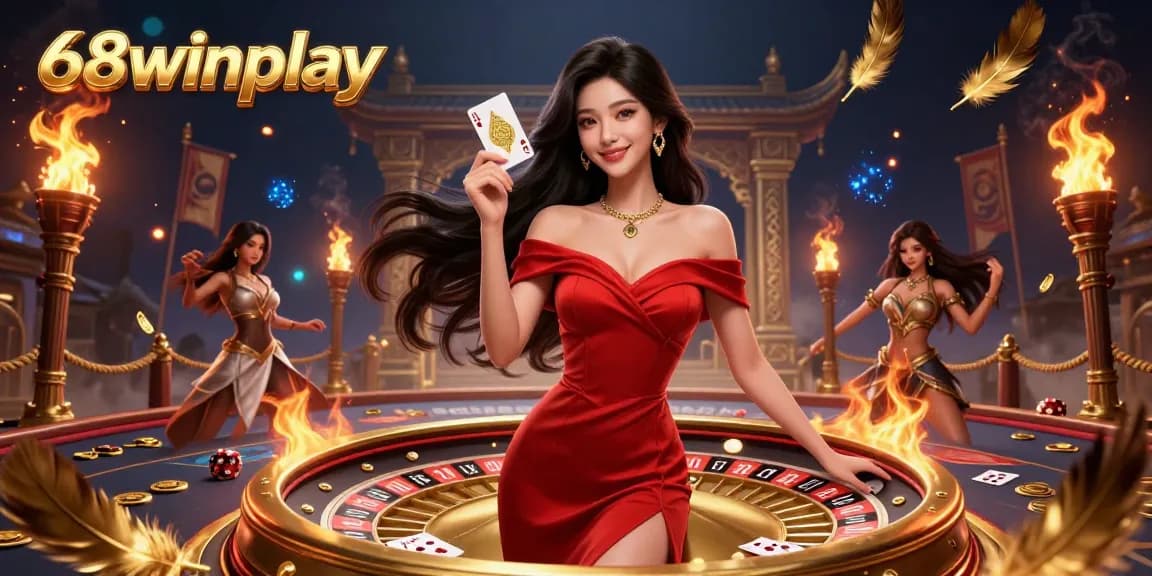 Play winning games at 68winplay featuring a stunning Asian woman with a golden card in an elegant casino scene.