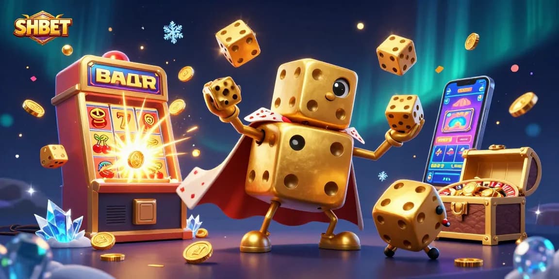 Engage with SHBET's vibrant casino world as a golden dice golem juggles fortune around a dazzling jackpot explosion.