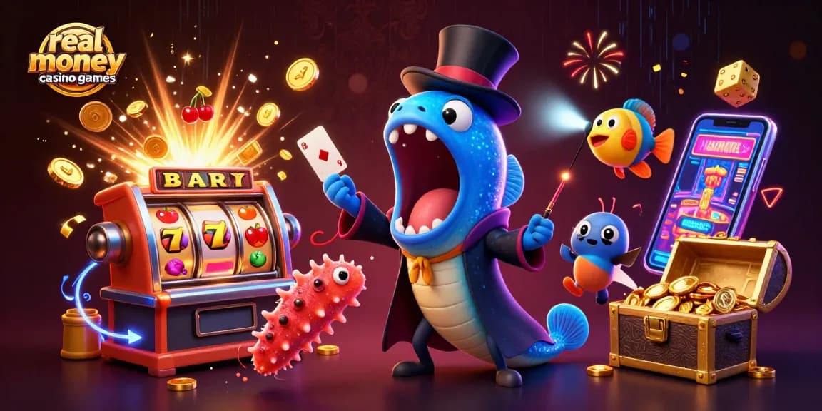 Experience real money casino games with a magical underwater scene filled with colorful slot machines and characters.