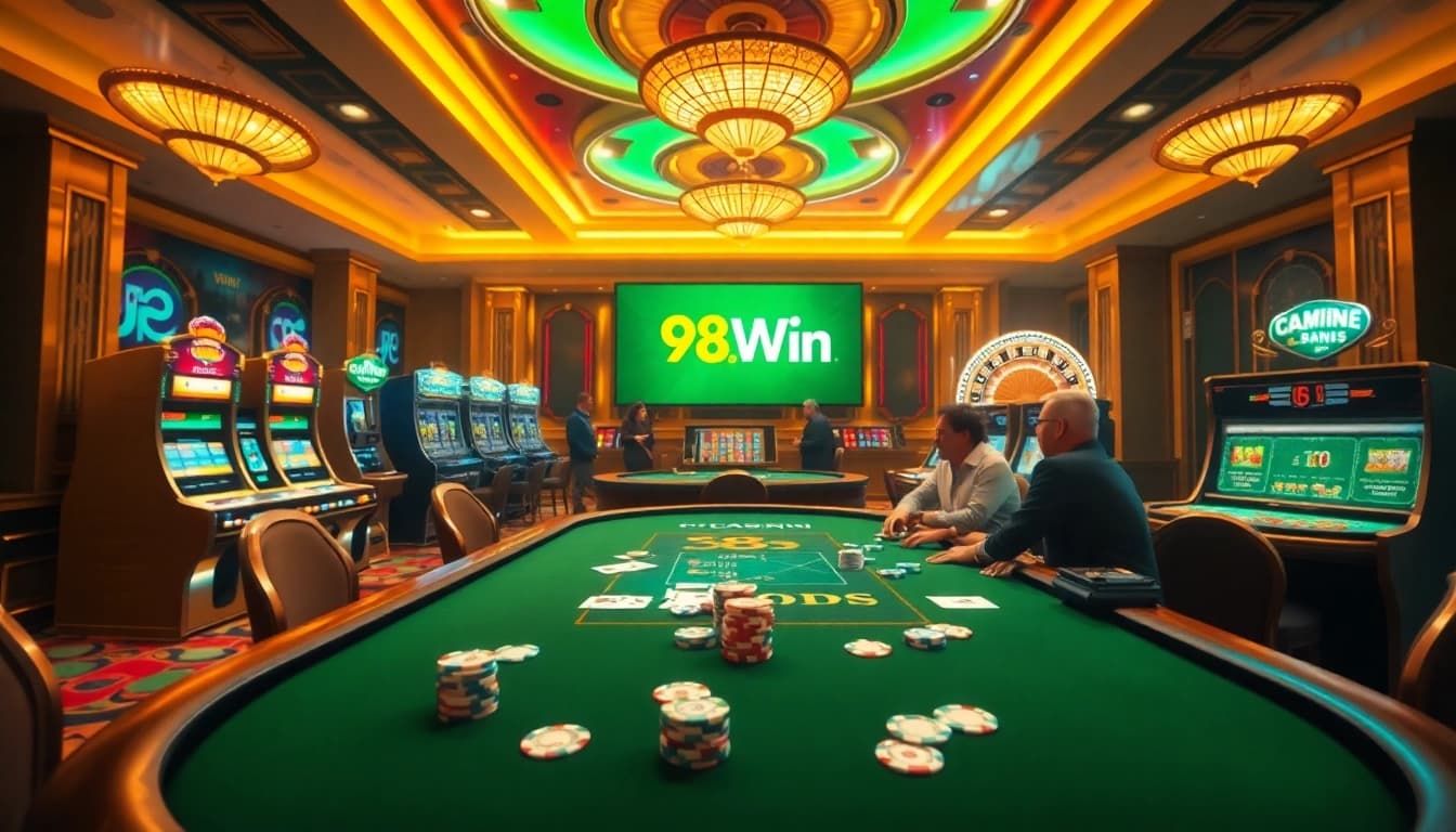 Players enjoying thrilling poker action at a luxurious casino featuring 98Win logo.