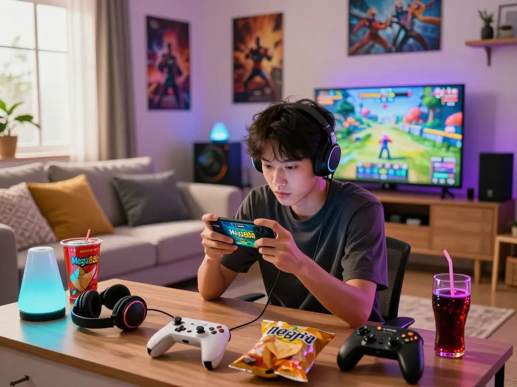Exciting living room scene featuring a gamer downloading Mega888 apk on a smartphone amid colorful gaming accessories.