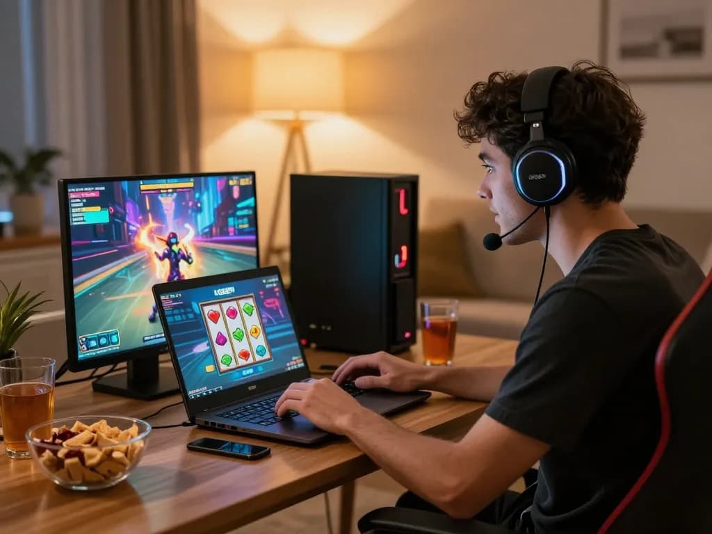 Engaged player enjoying dynamic online gaming on LGOSUPER with vibrant slot themes and a cozy home environment.