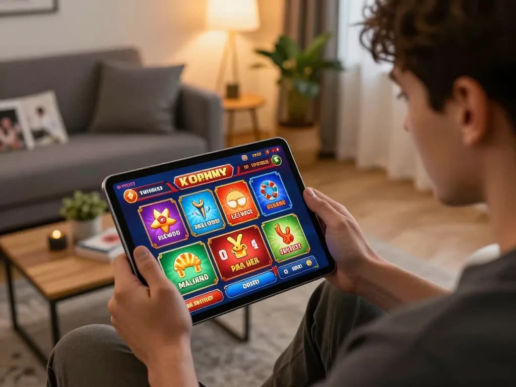 Engaged user enjoying cloud-africa online casino games on tablet in a cozy living room.