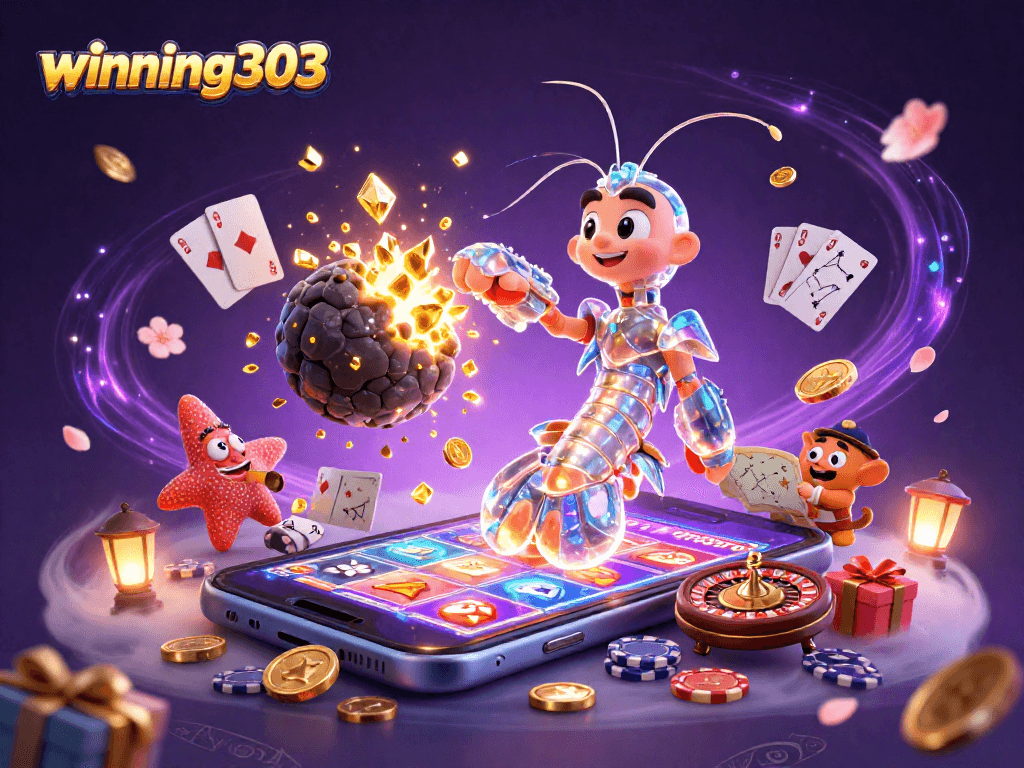 Winning303 slot game scene featuring galactic samurai and starfish amidst dynamic casino elements.