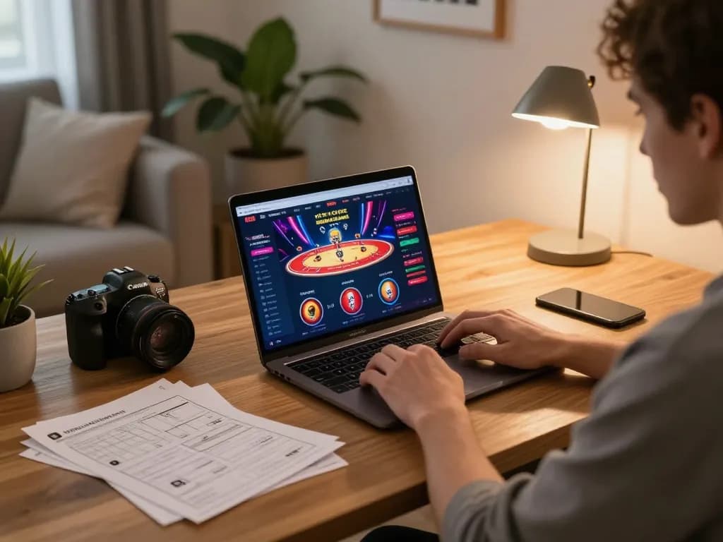 Engaging gameplay on an rr88 online casino platform from a cozy home environment with strategic notes.