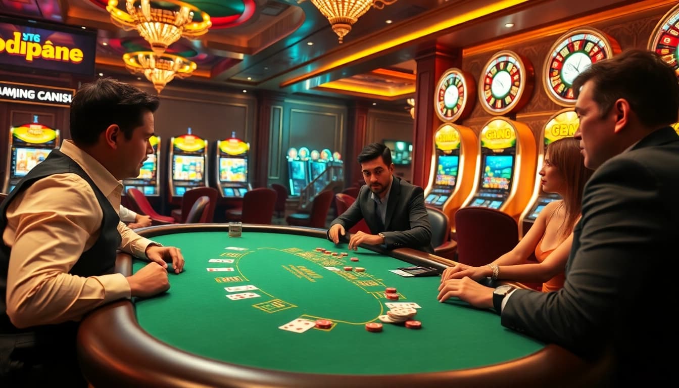 Engage with the excitement of game bài đổi thưởng uy tín at a vibrant casino table filled with players and chips.