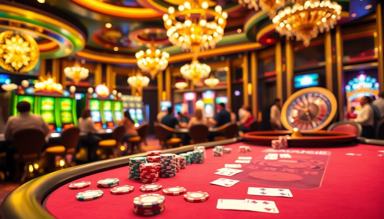 SODO casino scene with poker tables and vibrant slot machines creating an exhilarating atmosphere.