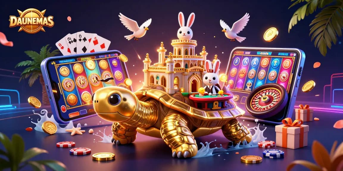 Spin and win with DAUNEMAS at a vibrant casino scene featuring a dealer and golden tortoise.