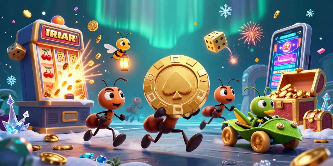 Experience thrilling gambling adventures with treadbikely featuring animated ants and a dramatic heist scene.