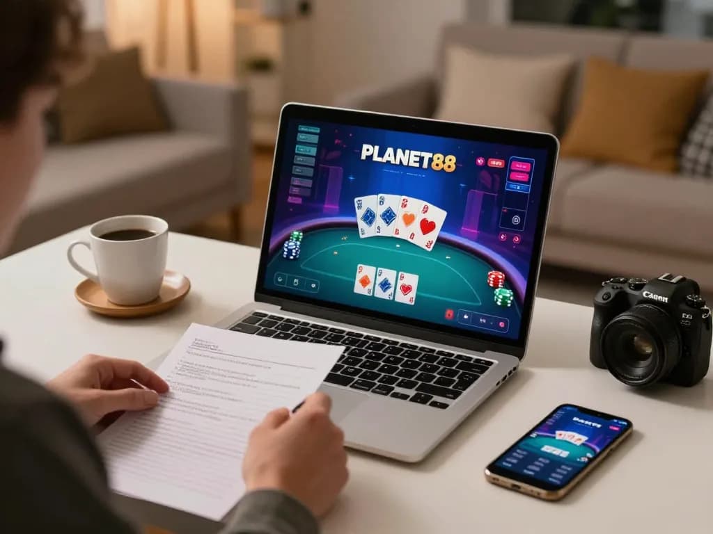 Engaging scene of virtual poker at PLANET88, showcasing gameplay on a laptop with cozy home ambiance.
