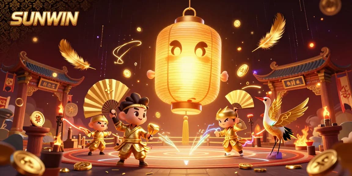 SUNWIN showcases an enchanted casino scene with a glowing lantern spirit, paper warriors, and dynamic betting elements.