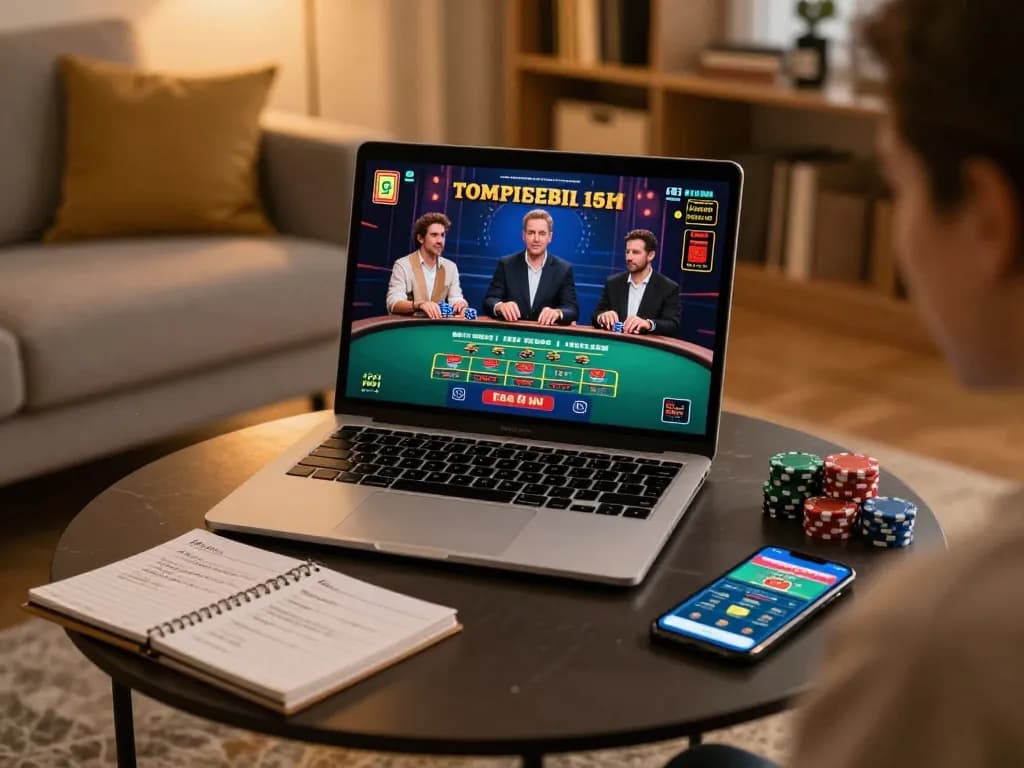 KJC player engaging in a live online casino game on a laptop while managing their bankroll notes in a cozy home environment.