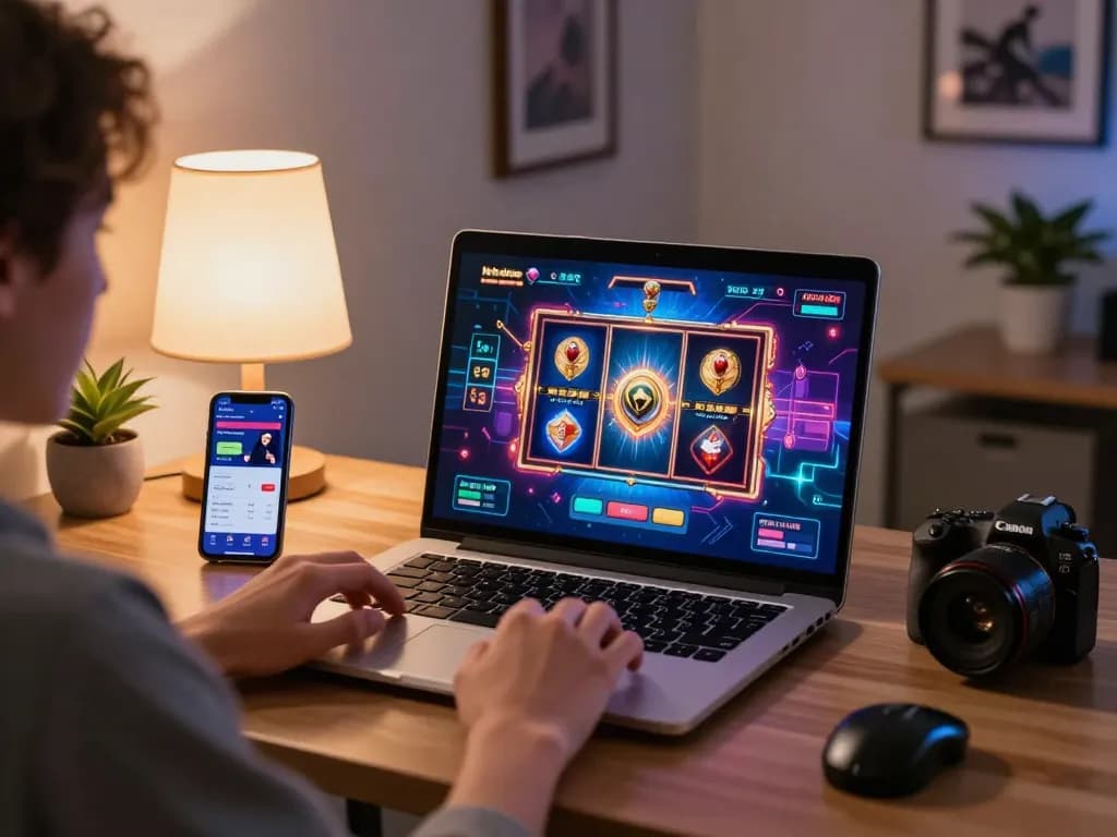 Engaging in online slot gaming on laptop showcasing tg88 gaming interface with colorful graphics.