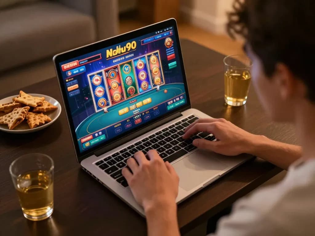 Nohu90 online gaming session with player focused on laptop, enjoying a strategic gambling experience.