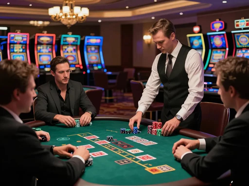 Engaged players in a situs slot casino, focusing on strategy at the blackjack table, vibrant casino lights.