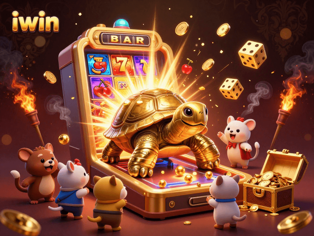 Experience excitement at iwin with a golden tortoise pinball machine and dynamic casino elements.