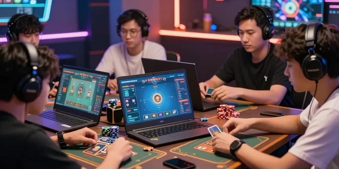 Players enjoying gamebaidoithuong in a vibrant online gaming environment, focused and engaged in card games.