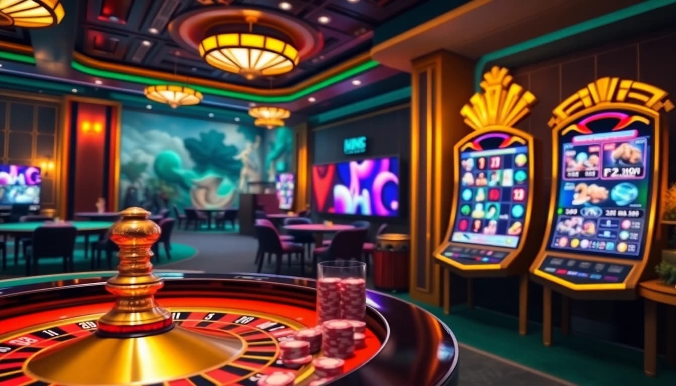 Exciting gambling scene from https://nk88zz.bio/ showcasing poker chips, roulette wheel, and slot machines.