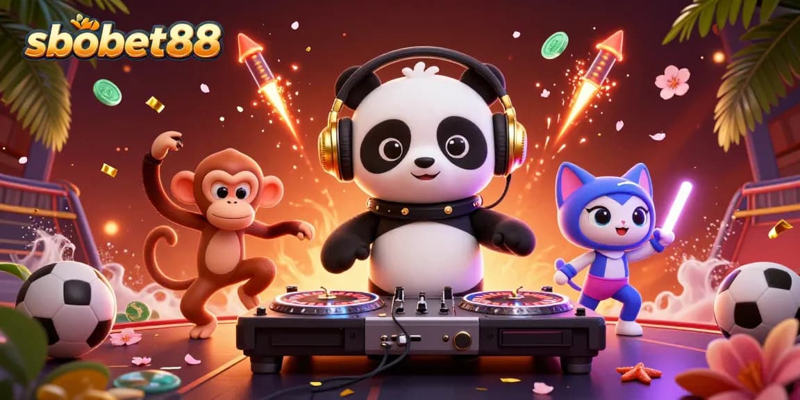 Experience sbobet88 thrilling sports betting action with a vibrant 3D illustration of a DJ panda and friends.