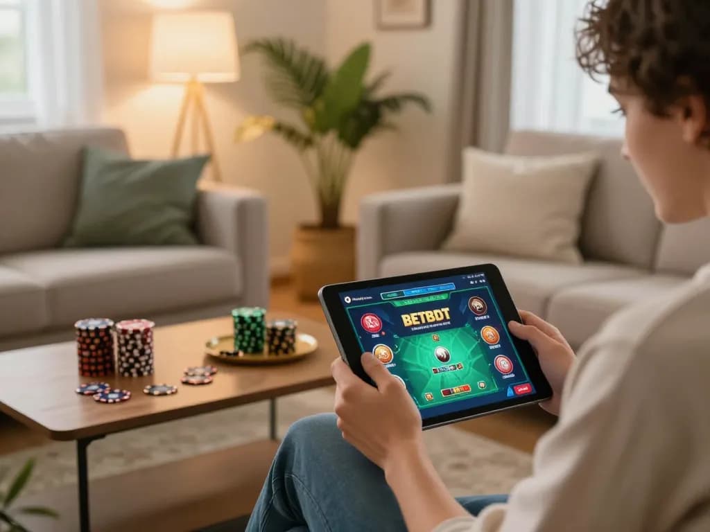 Person engaged with the BETBDT app showcasing dynamic gameplay in a cozy home setting