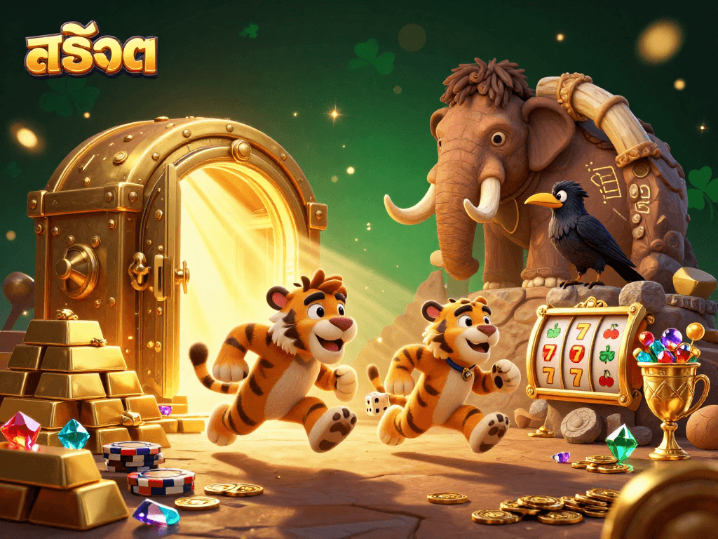 Experience thrilling สล็อต gameplay in a vibrant prehistoric casino scene with treasure galore!