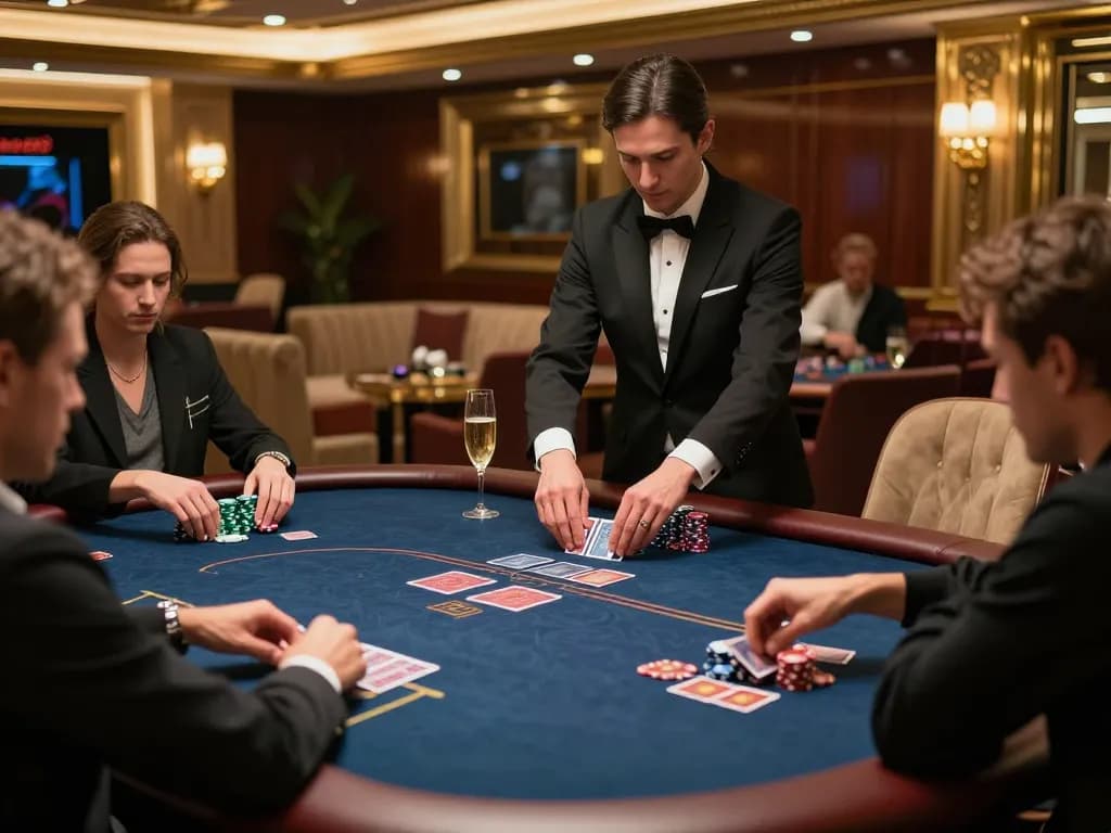 Engaging poker gameplay scene at a luxury casino showcasing BOTUNA555 high stakes, luxurious decor, and focused players.