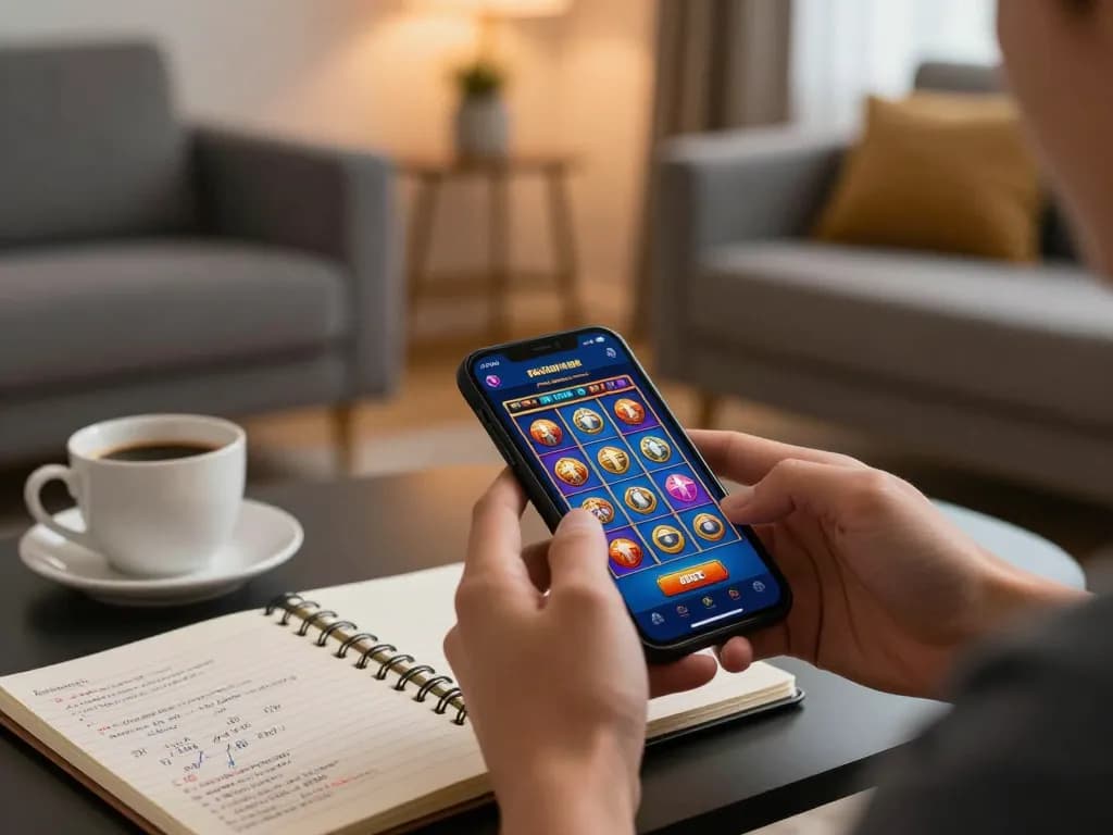 Person engaging with online casino app on smartphone showcasing nhà cái sc88 in a cozy living room