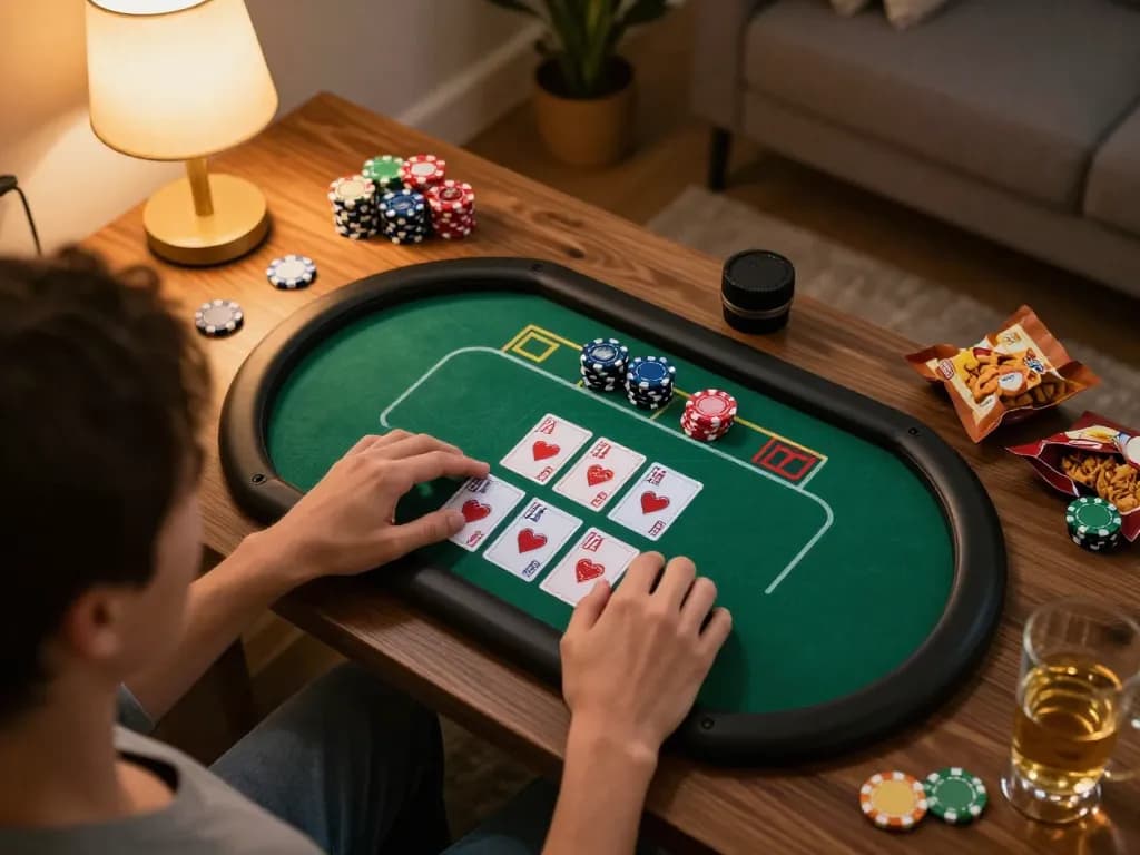 Engaging in KP88 online gaming session, enjoying poker fun from a cozy home setup