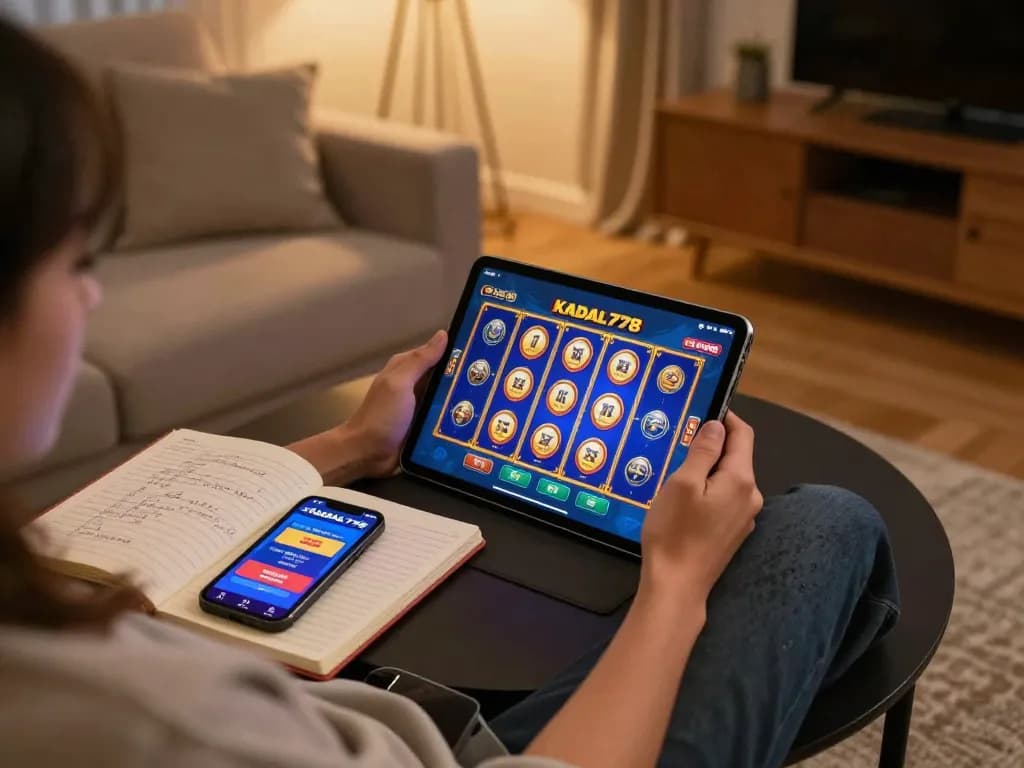 KADAL778 player enjoying an online slot game on a tablet in a cozy home setting.