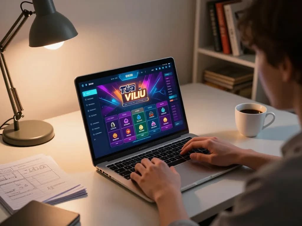 Tài xỉu online game session setup showcasing a player engaged at a laptop, surrounded by strategy notes.