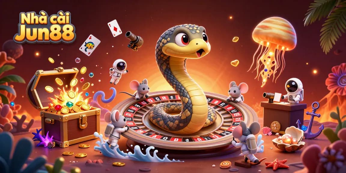 Engage with Nhà cái Jun88 at an ultra-detailed 3D casino scene featuring betting astronaut mice.