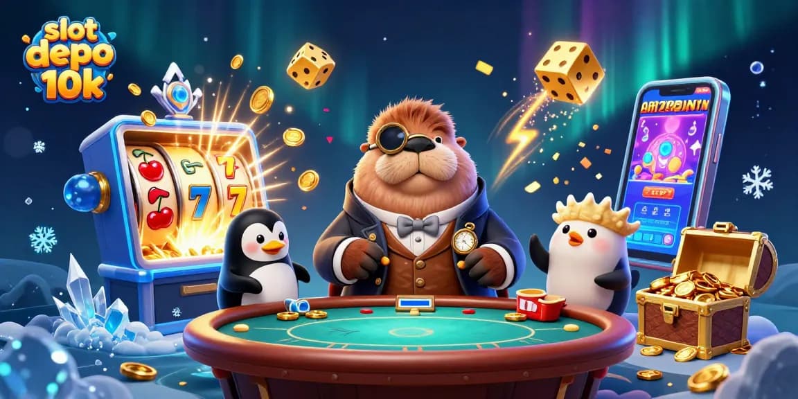Experience excitement with slot depo 10k, featuring a jolly walrus, penguin dealer, and thrilling casino elements.
