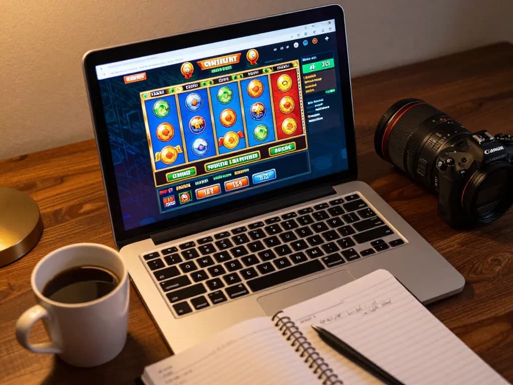 cm88 players engaging in exciting online casino games from a cozy home office setup with vibrant slot interfaces.