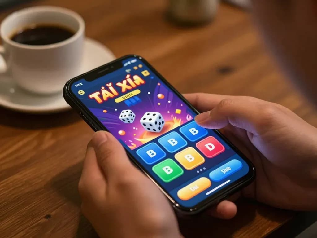 Engaging with the app tài xỉu online, tapping to roll dice in a cozy home setting.